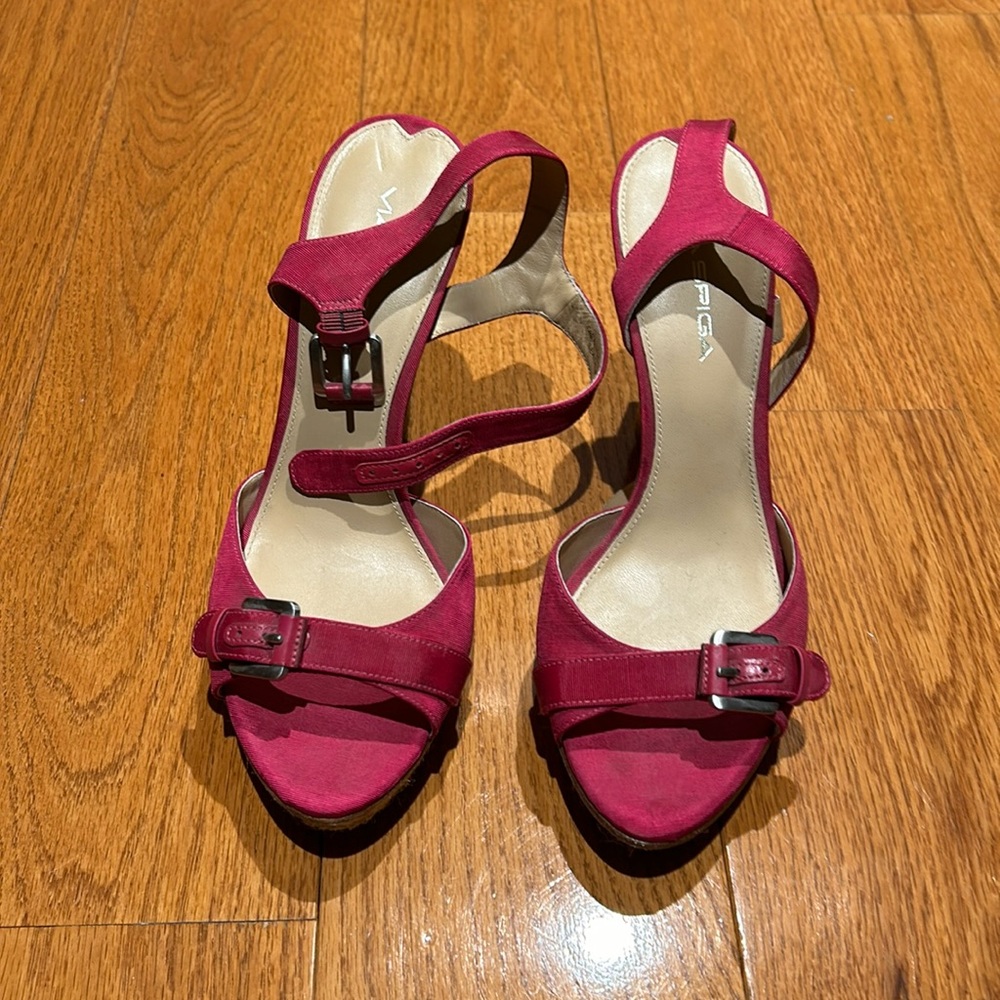 Red satin strappy heels with yarn heel